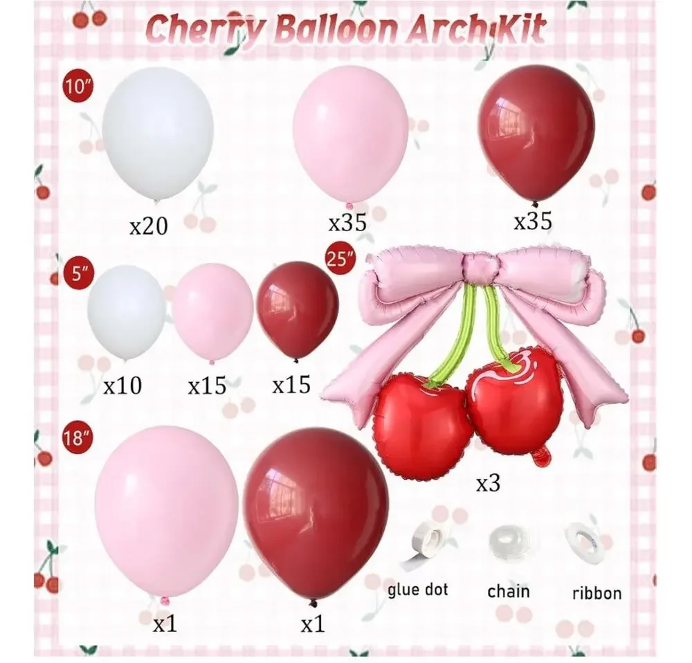 Cherry Balloon Garland Arch Kit Burgundy Pink White Balloons with Pink Bow Red